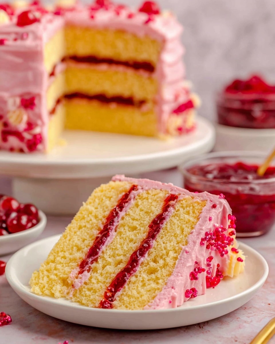 A tall cake with three visible layers covered in smooth pink frosting with small red crumbs scattered over the top and sides. On one side of the top, there is a row of bright red raspberries mixed with small lemon slices, and some raspberries and lemon slices are placed at the base around the cake on the white scalloped plate. The cake sits on a white marbled surface, and the frosting has a soft swirl pattern on the top center. photo taken with an iphone --ar 4:5 --v 7