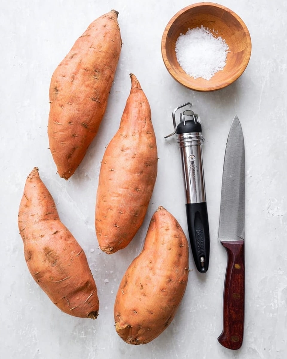 Five raw sweet potatoes with rough, light orange-brown skin are spread out on a white marbled surface. To the right of the sweet potatoes, there is a small wooden bowl filled with white salt. Below the bowl, a black-handled peeler with a silver blade lies horizontally. Next to the peeler is a large knife with a dark wooden handle and a shiny silver blade. The objects are evenly spaced and arranged neatly. Photo taken with an iphone --ar 4:5 --v 7