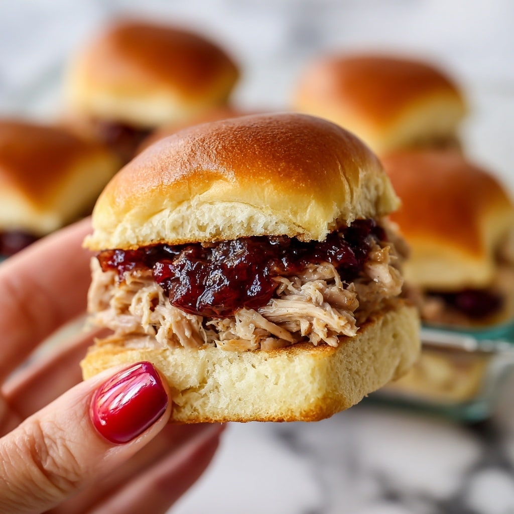 The image shows several pieces of soft, shiny golden brown slider buns filled with layers of sliced cooked turkey meat and bright red cranberry sauce. The buns have a slightly textured top with small bits adding detail, and the turkey inside looks tender with a light pinkish-white color. The cranberry sauce adds a glistening, smooth, and thick layer between the turkey and the bun. The sliders are close together on a white marbled surface that slightly blurs into the background, focusing on the sandwiches. Photo taken with an iphone --ar 4:5 --v 7