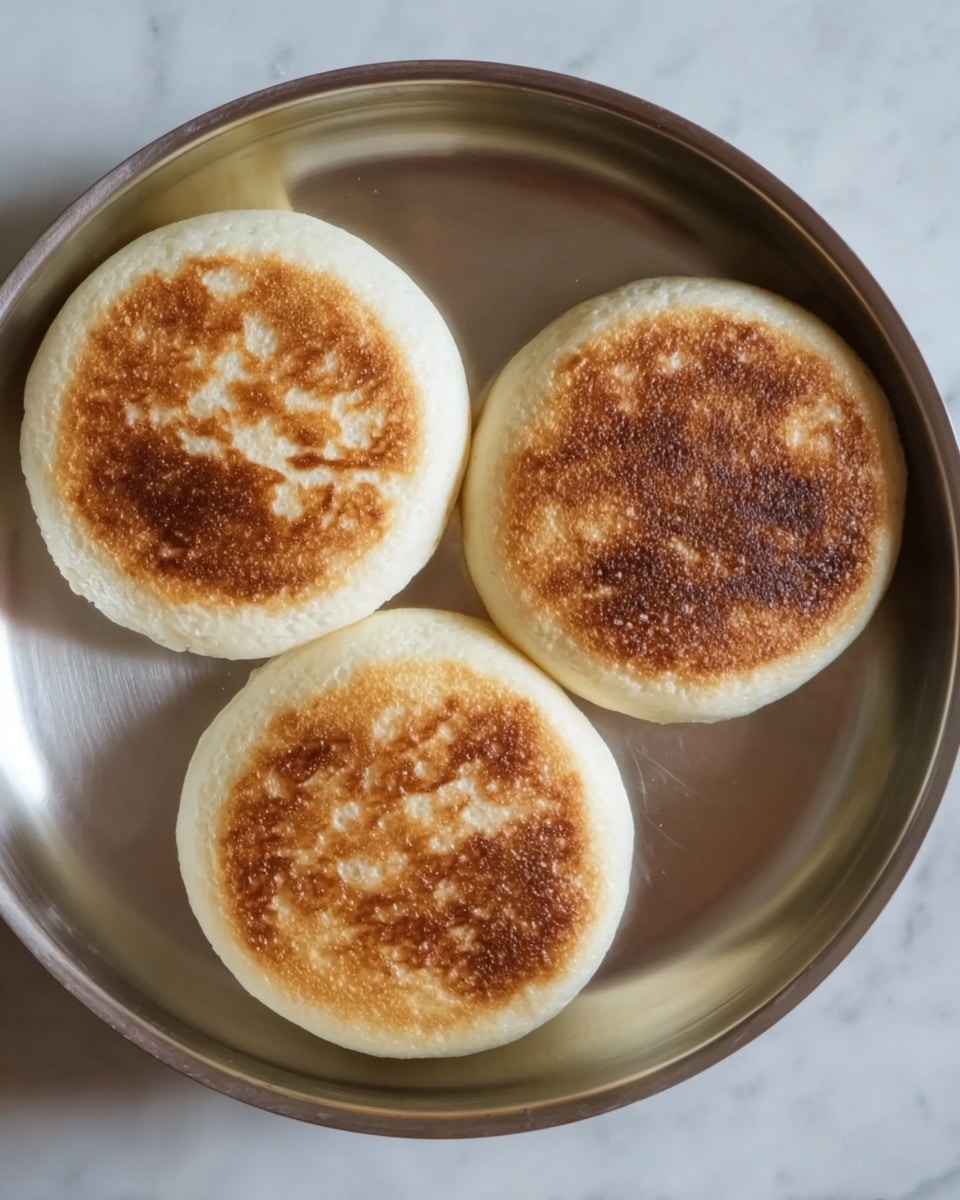 The image shows three round, golden brown pancakes with a slightly uneven toasted surface on top. Each pancake has a light, fluffy white edge with a soft texture. They are arranged spaced apart inside a metallic pan with a smooth, reflective surface. The pan holds the pancakes evenly with no toppings or garnishes. The background is a white marbled texture. Photo taken with an iphone --ar 4:5 --v 7