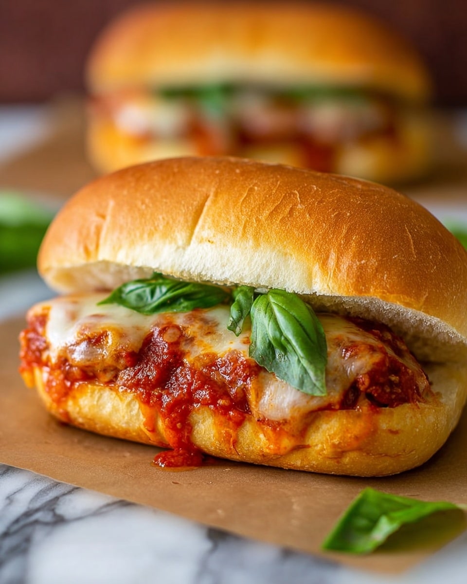 The image shows a close-up view of a sandwich with a golden brown soft bun as the top and bottom layers. Inside, there is a bright red chunky tomato sauce spread generously over a layer of melted cheese that is creamy white with some golden edges. Fresh green basil leaves sit on top of the cheese, adding a vibrant touch. Some sauce slightly drips out from the side of the sandwich, resting on a piece of brown paper, with a blurred second sandwich in the background on a white marbled surface. Photo taken with an iphone --ar 4:5 --v 7