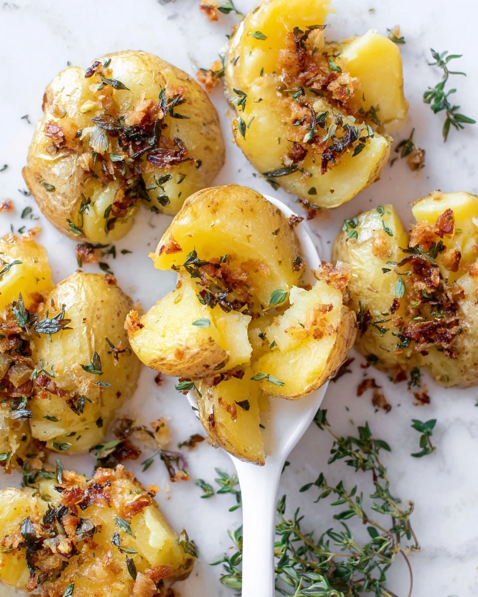 The image shows several smashed roasted potatoes on a white marbled surface. Each potato is broken open into two or three pieces, with a golden-yellow soft inside and a thin brown skin on the outside. The top of the potatoes is sprinkled with small pieces of crispy garlic and dark green dried herbs, adding texture and contrast. A white serving spoon holds a cluster of three potato pieces in the center, lifting them slightly above the surface. Small fresh herb leaves are scattered around, adding a fresh green touch to the warm and earthy tones. photo taken with an iphone --ar 4:5 --v 7