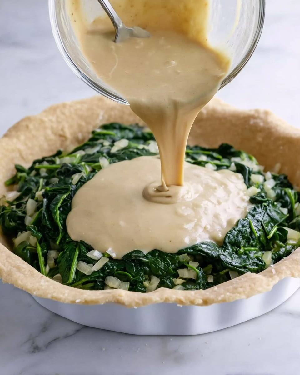 A close-up view of a white pie crust shell filled with cooked bright green spinach mixed with small pieces of light-colored onion, arranged evenly at the bottom. A smooth, creamy beige sauce is being poured from a clear glass bowl onto the spinach layer, creating a thick layer on top. The background is a white marbled surface with a spoon partially visible in the bowl. photo taken with an iphone --ar 4:5 --v 7