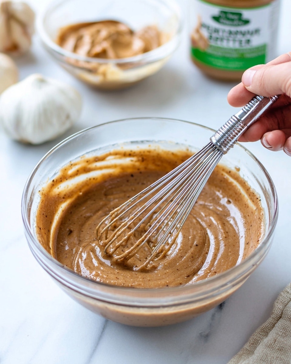 A clear glass bowl sits on a white marbled surface, filled with a thick, smooth brown mixture that is being stirred by a silver whisk. A woman's hand holds the whisk, stirring the mixture which has a glossy, creamy texture with small specks throughout. In the background, slightly out of focus, are a glass bowl of light-brown peanut butter, a whole bulb of white garlic, and a jar with a green label of smooth peanut butter. The scene is brightly lit with soft natural light, highlighting the rich color and texture of the mixture. Photo taken with an iphone --ar 4:5 --v 7
