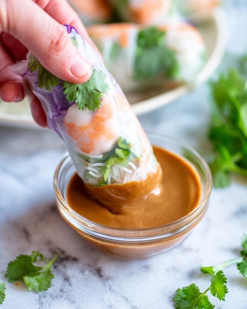 A woman's hand is holding a fresh spring roll dipped halfway into a small clear glass bowl filled with thick, light brown peanut sauce. The spring roll has a translucent rice paper skin that shows visible layers inside, including white noodles, pink shrimp, green leafy cilantro, and some other fresh vegetables. The background has a white marbled texture with some scattered cilantro leaves and a blurred white plate with more spring rolls in the back. The image has bright and natural lighting. photo taken with an iphone --ar 4:5 --v 7