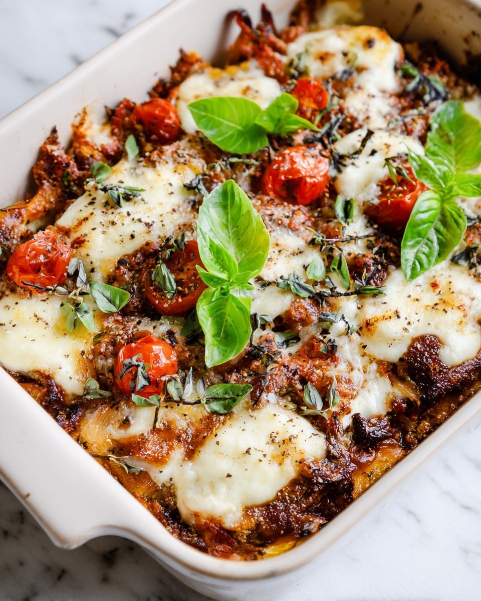 In a white baking dish, there is a layered baked dish with a crusty, golden-brown base that looks crispy and uneven. On top, there are soft white melted cheese blobs scattered across the surface, some slightly browned. Pieces of cooked onions, red cherry tomato slices, and wilted green herbs are spread unevenly in between the cheese and crust, adding texture and color. Fresh green basil leaves are placed on top as a bright garnish, with some black pepper specks sprinkled over everything. The dish sits on a white marbled surface. photo taken with an iphone --ar 4:5 --v 7