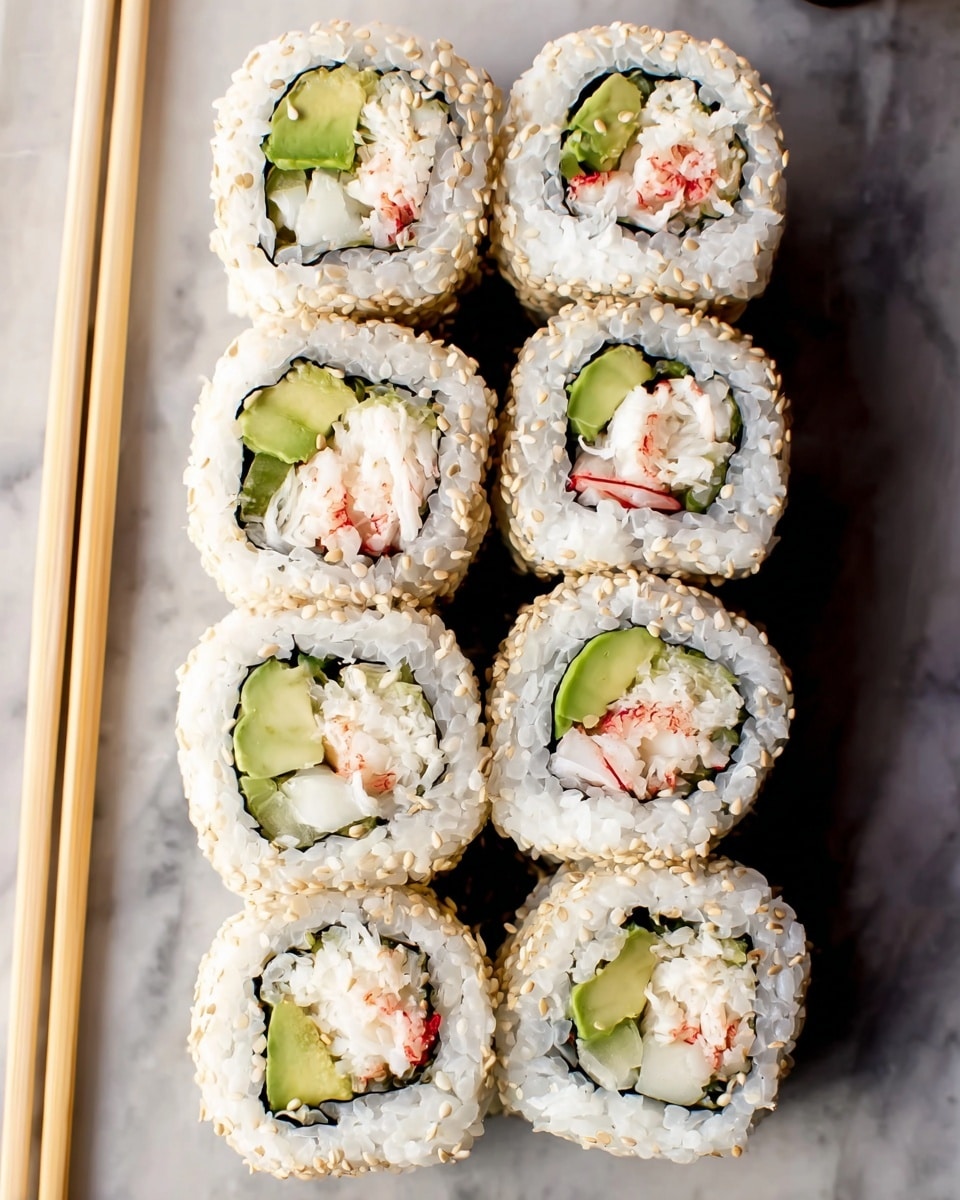 The image shows eight sushi rolls placed closely in two vertical rows on a white marbled surface. Each roll has a layer of white rice on the outside, sprinkled with light beige sesame seeds. Inside, there are three visible layers: a dark green seaweed wrap close to the rice, then a mix of light green avocado, white cucumber, and light pink crab stick with red edges. Wooden chopsticks rest diagonally on the left side of the sushi rolls. The photo taken with an iphone --ar 4:5 --v 7