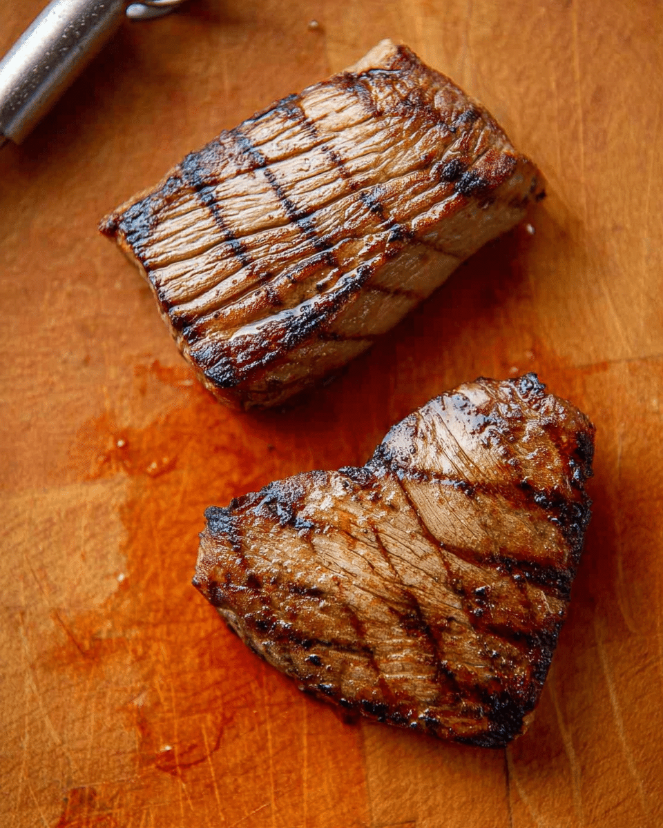 Two pieces of cooked meat with grill marks are placed on a wooden cutting board. Both pieces have a brown, slightly charred surface with visible grill lines and a shiny texture from juices. One piece is larger and rectangular, while the smaller piece is heart-shaped with a slightly curved edge. The cutting board has a warm orange-brown color and subtle scratch marks. A metal mixer attachment is partially visible in the top left corner. Photo taken with an iphone --ar 4:5 --v 7