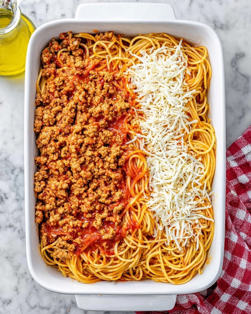 The image shows a white rectangular baking dish filled with two main layers of food. The bottom layer is long spaghetti noodles coated in a thick, bright red tomato sauce, with strands piled loosely and intertwined across the dish. On top of the spaghetti, on one side, there is a layer of cooked, crumbly light brown ground meat covering about half of the dish, while the other half reveals some white melted shredded cheese mixed lightly among the meat. The dish is set on a white marbled surface, with a clear glass bottle containing golden olive oil nearby and a red and white checkered cloth partially visible. Photo taken with an iphone --ar 4:5 --v 7