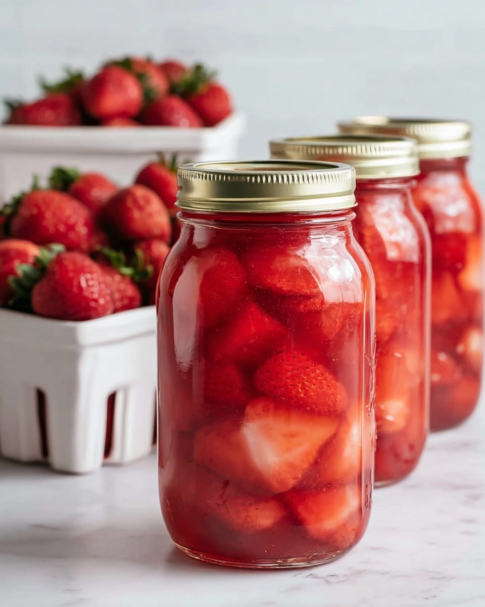 The image shows three glass jars filled with bright red whole and sliced strawberries, packed closely together and covered with a red syrup or juice. Each jar has a gold metal lid, and the focus is on the closest jar, which is sharp and detailed, showing the texture of the strawberries and syrup inside. Behind them, there is a white container full of fresh red strawberries, and the scene rests on a white marbled surface with a soft, light background. The jars are arranged in a line going away from the camera, with the front jar clear and the others blurred slightly. photo taken with an iphone --ar 4:5 --v 7
