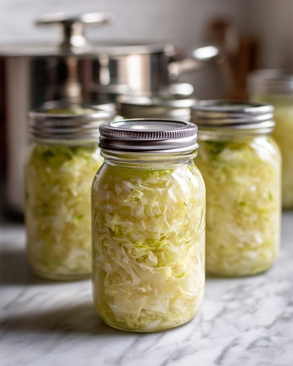 The image shows several clear glass jars filled with pale yellow shredded cabbage, packed in light-colored liquid, all sealed with silver lid tops. The jars are placed on a white marbled surface with a blurred silver pot and other jars in the background. The focus is on the jar in the front center, showing the wet texture and softness of the cabbage inside. photo taken with an iphone --ar 4:5 --v 7