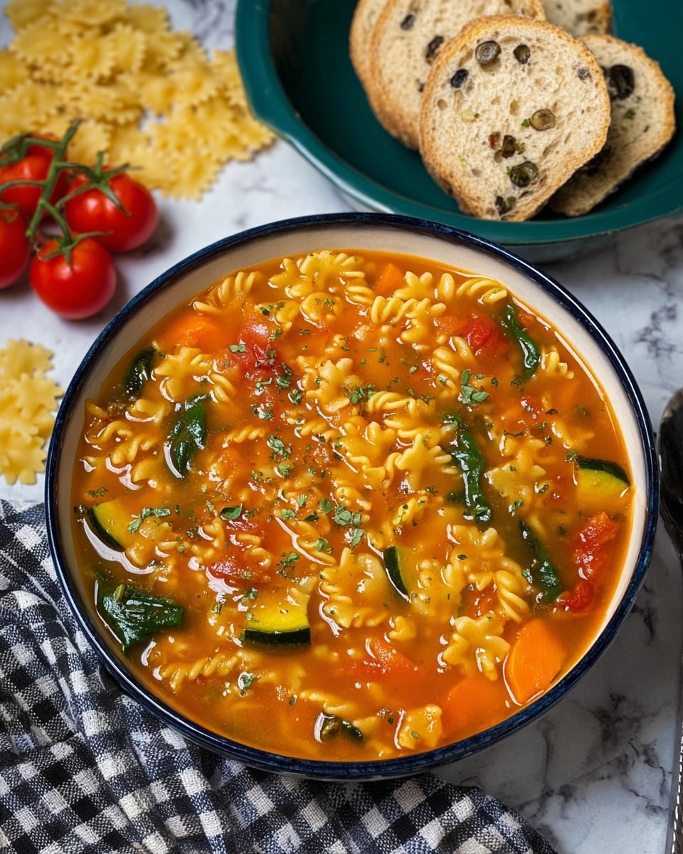 A close-up image of a bowl filled with bright orange vegetable soup, with visible layers of curly-edged pasta pieces floating in the soup next to pieces of green zucchini, orange carrot, red tomato chunks, and green leafy spinach scattered throughout. The soup has a slightly thick, glossy texture with herbs sprinkled on top, adding small green spots across the surface. The bowl is white with a dark blue rim and sits on a white marbled surface next to a green bowl containing three slices of light brown bread with dark olive pieces inside. There is a small bunch of fresh red tomatoes on the vine near the bread bowl. Uncooked pasta pieces with jagged edges are placed nearby next to a black-and-white checked cloth. Photo taken with an iphone --ar 4:5 --v 7