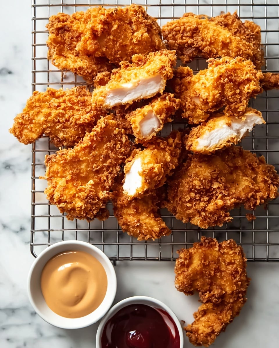 A pile of golden brown fried chicken pieces with a crunchy texture sits on a metal cooling rack above a white marbled surface. Some chicken pieces are whole, while a few are broken open to show the white cooked inside. Below the rack, there are two small white bowls filled with smooth sauces, one light beige and the other dark red. The colors of the chicken contrast with the shiny metal rack and the clean white marble background. photo taken with an iphone --ar 4:5 --v 7