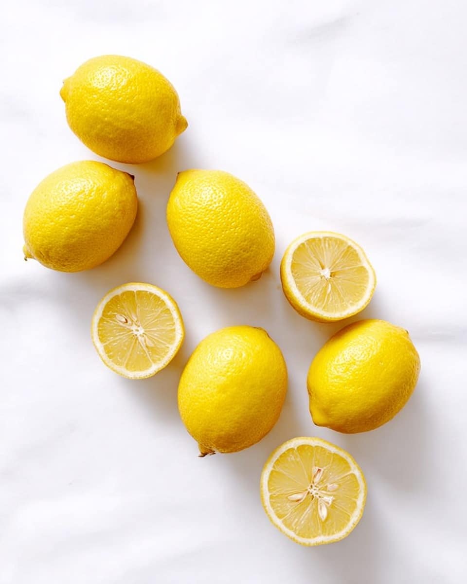 The image shows seven lemons arranged in a loose zigzag pattern on a white marbled surface. Four whole lemons with bright yellow, bumpy skin form the base of the line. Three lemon halves with pale yellow, juicy interiors and small seeds sit spaced evenly among the whole lemons. The overall look is fresh and clean with the lemons’ vivid yellow color contrasting sharply against the bright white marble. The lighting is soft, highlighting the glossy texture of the lemon skins and the moist surface of the cut lemons, creating a simple and natural composition. photo taken with an iphone --ar 4:5 --v 7