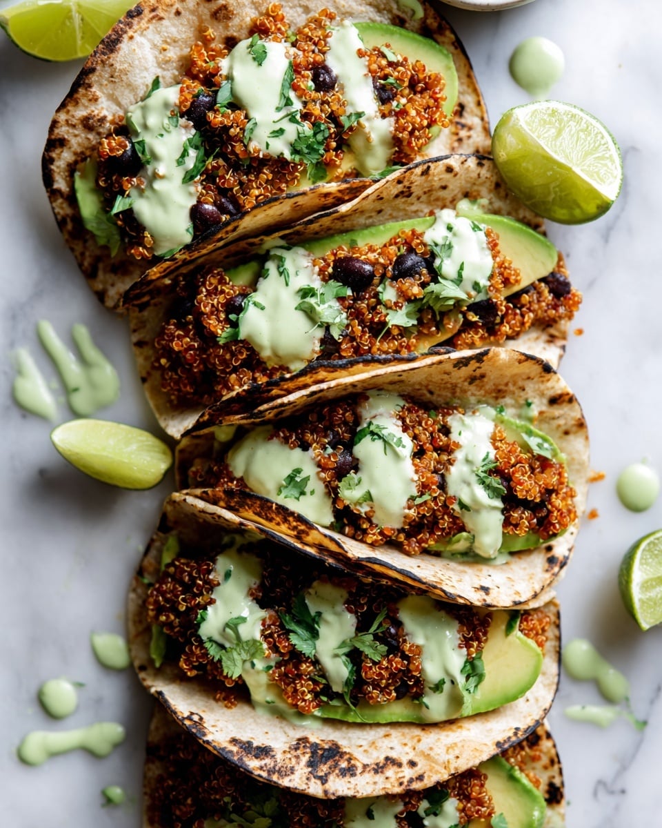Five small white tortillas are stacked and filled with three layers each: a bottom layer of green avocado slices, a thick middle layer of reddish-orange quinoa mixed with black beans and herbs, and a top layer of light green creamy sauce drizzled unevenly. Each tortilla has slightly charred edges, and the filling spills over a bit. Scattered around the tacos on a white marbled surface are cut lime wedges and drops of the same green sauce. photo taken with an iphone --ar 4:5 --v 7