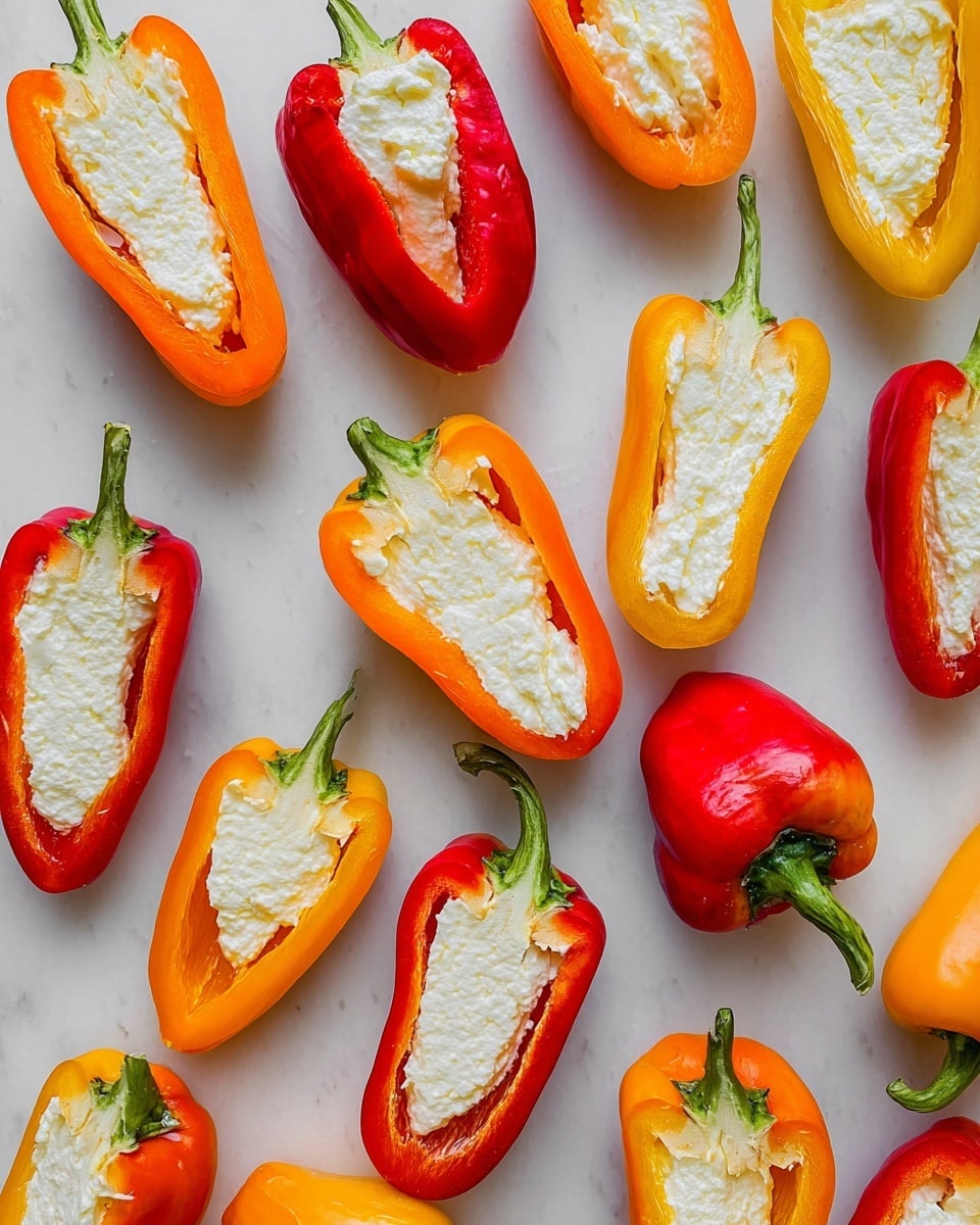 The image shows multiple mini sweet peppers cut in half and filled with a creamy white cheese. The peppers display a variety of colors including bright red, orange, and yellow with green stems attached. Each pepper half has a smooth, shiny outer skin and is filled evenly with a textured, soft white cheese that fills the cavity fully. The peppers are laid out randomly across a flat white marbled surface with none of them overlapping, creating a colorful and fresh arrangement. Photo taken with an iphone --ar 4:5 --v 7