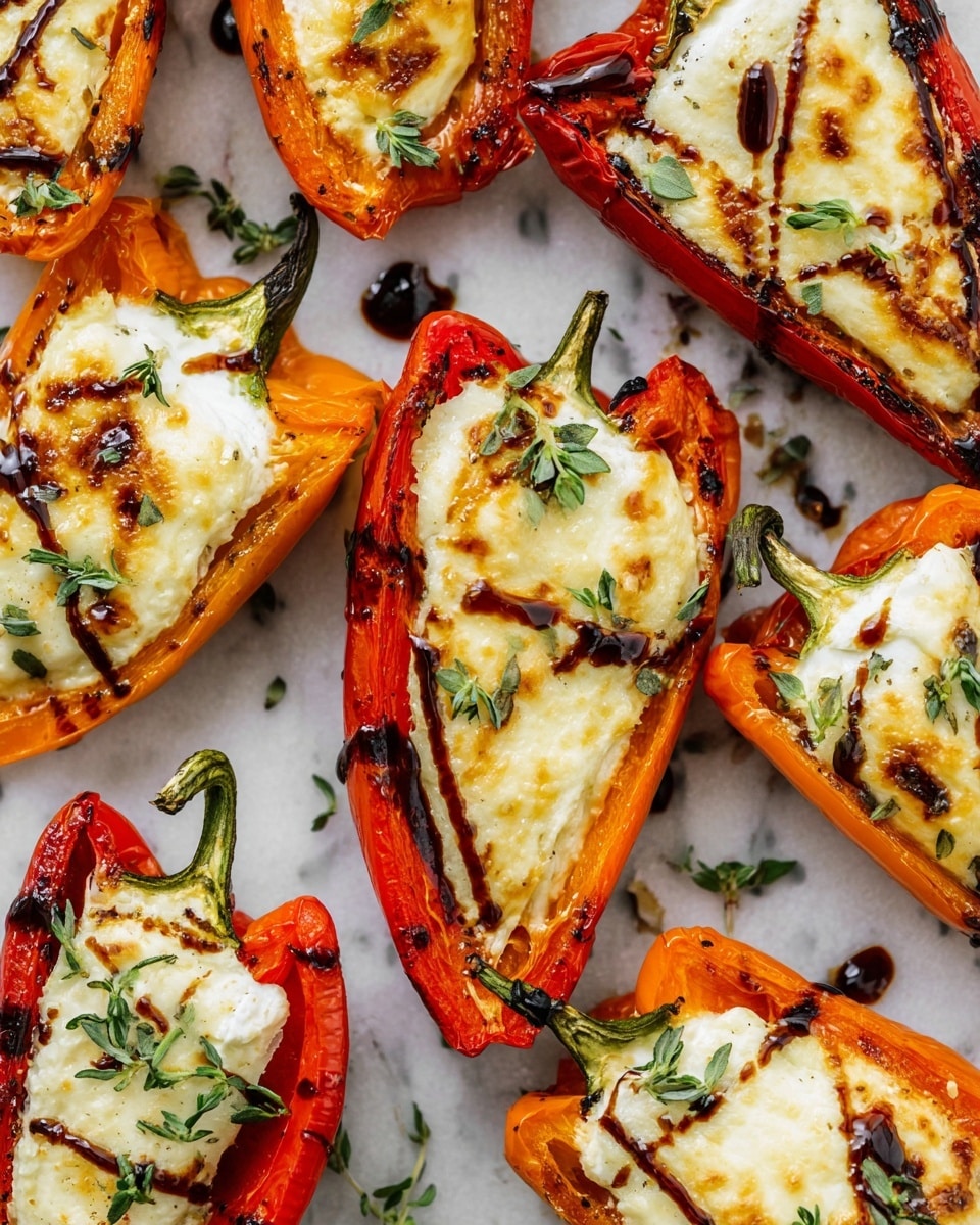 The image shows several stuffed mini bell peppers arranged on a white marbled surface. Each pepper is halved lengthwise, with vibrant red and orange skins forming the outer shell. Inside, there is a thick layer of creamy white cheese filling, slightly browned on top with a few golden spots. Drizzled over the peppers is a dark brown sauce, adding glossy streaks that contrast with the cheese and pepper colors. Small green herb leaves are sprinkled on top of each pepper, adding a fresh and lively touch. The overall arrangement creates a colorful, textured, and appetizing presentation. photo taken with an iphone --ar 4:5 --v 7