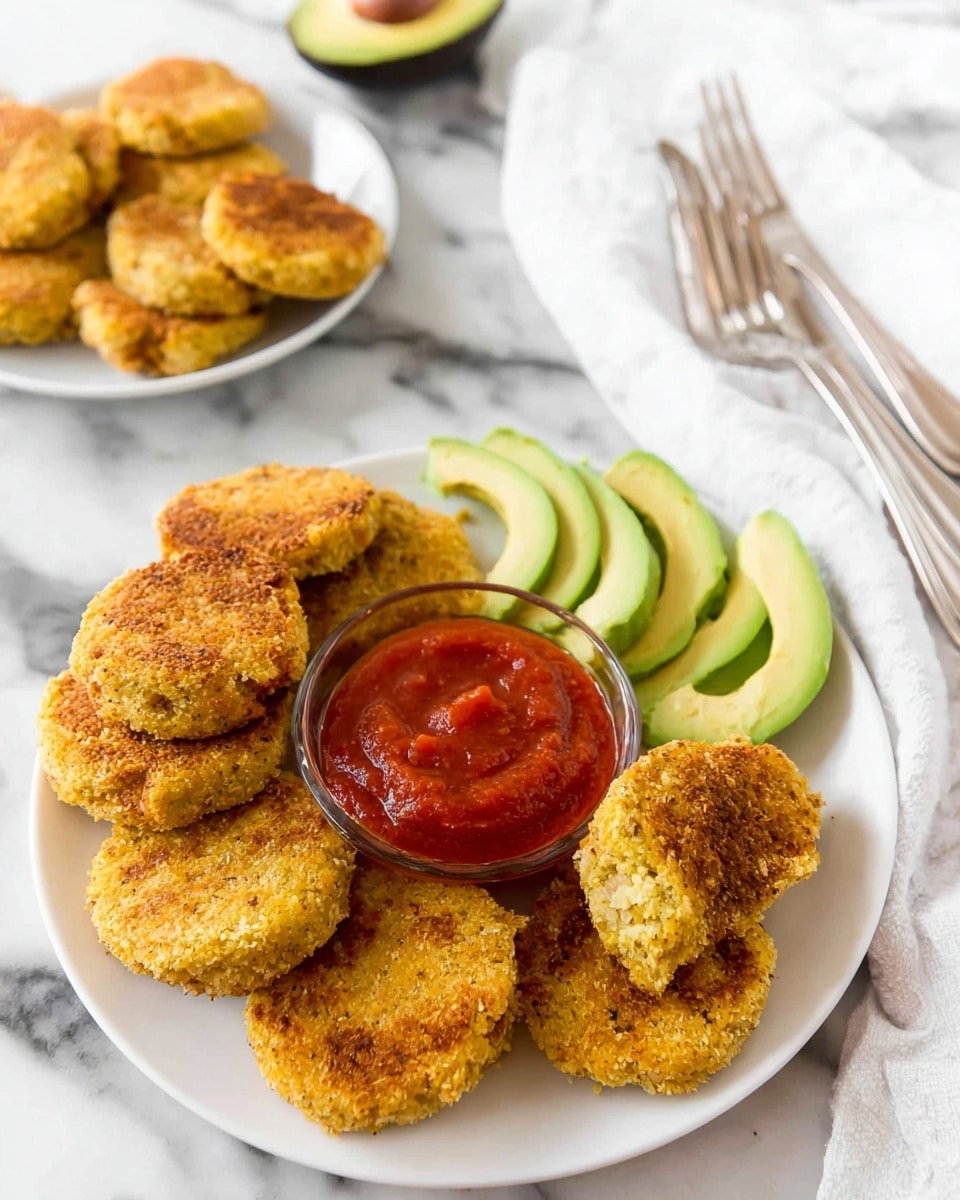 A white plate is filled with two rows of golden brown, small round patties with a slightly rough texture. One patty is dipped halfway into a small round container of thick, bright red sauce positioned at the center of the plate. In the background, another white plate shows three patties alongside three slices of fresh, light green avocado arranged neatly. The scene is set on a white marbled surface with a white cloth partly visible. A halved avocado with a dark brown seed and shiny green flesh is placed nearby, and two silver forks lie on the right side. Photo taken with an iphone --ar 4:5 --v 7