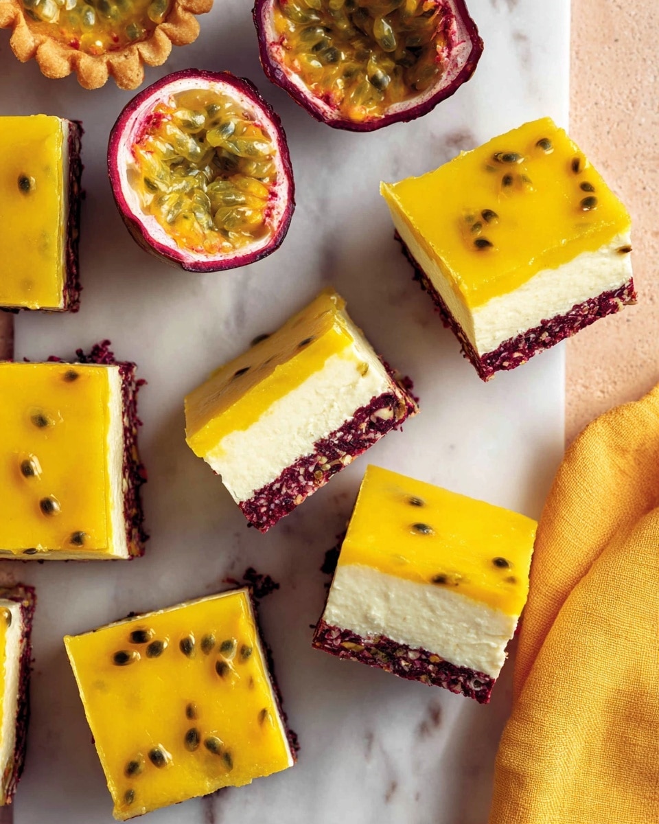 The image shows square dessert bars with three distinct layers. The bottom layer is a dark red and brown crumbly crust. The middle layer is thick, creamy, and light beige with a smooth texture. The top layer is bright yellow with small black seeds scattered inside, looking like a glossy fruit topping. These bars are placed on a white marbled surface, and a halved passion fruit with a dark purple shell and yellow inside is partly visible near the bars. Photo taken with an iphone --ar 4:5 --v 7