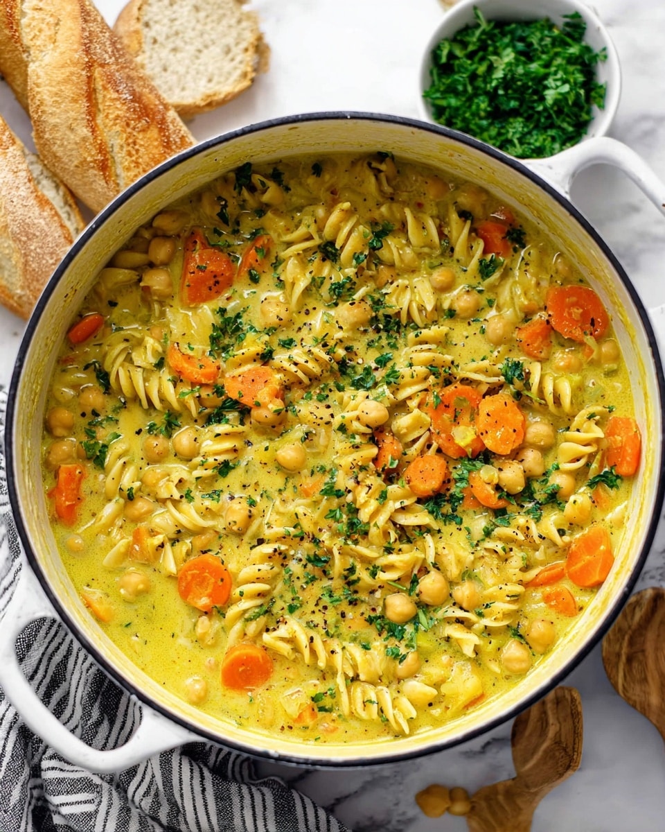 A close-up view of a creamy pasta dish in a white pot filled with spiral pasta spirals, orange carrot slices, and small round chickpeas mixed in a thick yellow sauce. The dish is topped with scattered green chopped herbs and black pepper. Around the pot, there are slices of light bread and a small white bowl filled with fresh green parsley on a white marbled surface. A striped towel rests beside the pot. photo taken with an iphone --ar 4:5 --v 7