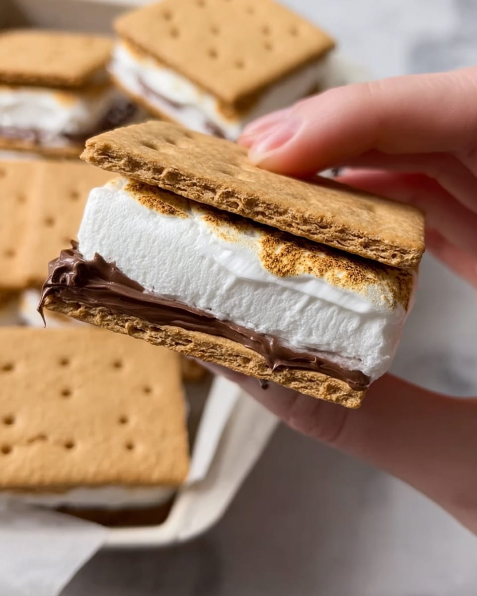 A close-up image shows a woman’s hand holding a s’more made of three layers: the top and bottom layers are golden brown graham crackers with a crisp texture and visible holes, the middle layer is a thick, white, fluffy marshmallow with a smooth surface and some air pockets, and just below the marshmallow, there is a thin dark brown chocolate layer slightly melting onto a graham cracker layer beneath it. In the background, more s’mores are arranged in a white container, on a white marbled surface. photo taken with an iphone --ar 4:5 --v 7