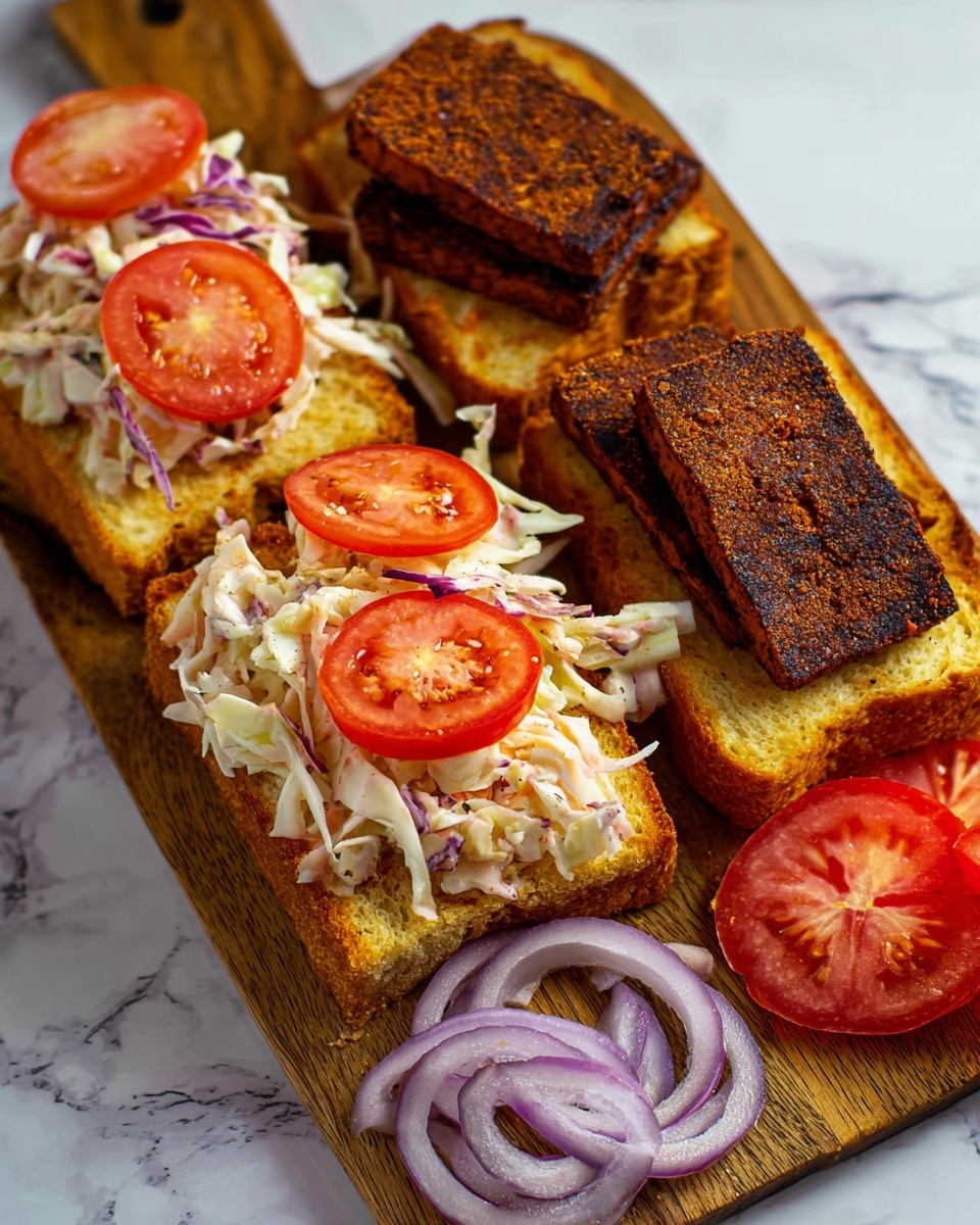 The image shows an open sandwich on a wooden board with four pieces of golden toasted bread cut into rectangles. Each piece has three clear layers: the bottom layer is toasted bread with a crispy texture, the middle layer consists of thick, dark brown spiced tofu slices with a slightly rough surface, and the top layer has fresh red tomato slices and a creamy mix of shredded white and purple cabbage with some light orange carrot strips. Thin rings of purple onion sit next to the board on a white marbled surface, and a half tomato is placed on the right side. The color contrast between the toasted golden bread, dark tofu, bright red tomato, and creamy cabbage topping creates a visually appealing dish photo taken with an iphone --ar 4:5 --v 7