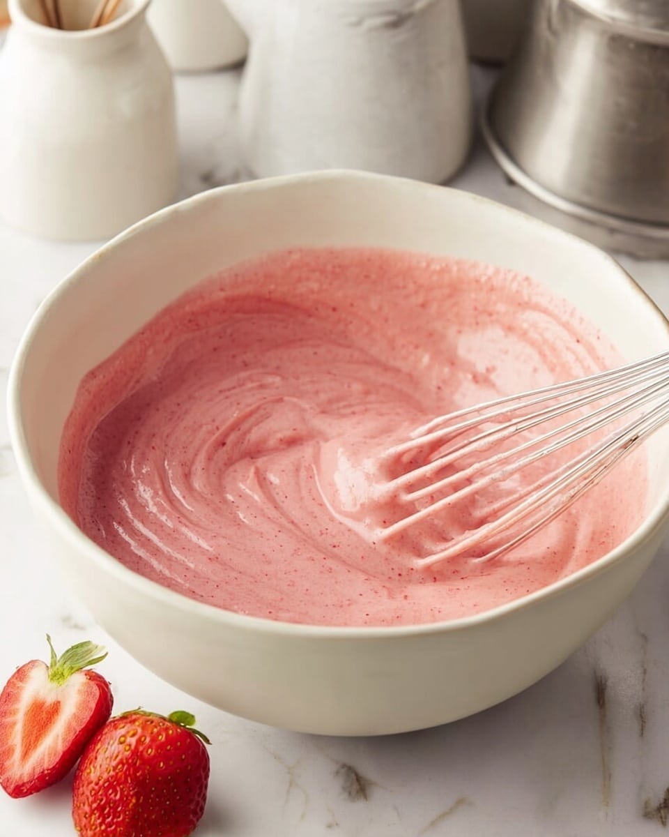 A close-up view of a white bowl filled with a smooth, creamy pink mixture with visible specks, being whisked with a metal whisk inside the bowl. The mixture has a soft, thick texture and swirls of light and darker pink shades. Next to the bowl, there are two fresh strawberries, one whole and one sliced in half, placed on a white marbled surface. In the background, there are white containers and a metal container adding a simple kitchen setting. photo taken with an iphone --ar 4:5 --v 7