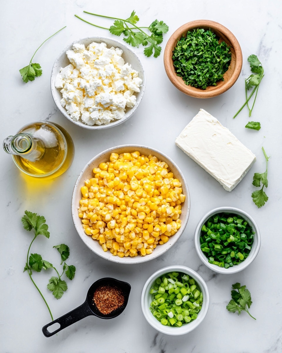 The image shows several ingredients laid out on a white marbled surface. In the center bottom is a white bowl filled with bright yellow corn kernels. Above it to the left is a white bowl filled with white crumbly cheese. To the right of the cheese is a small wooden bowl with fresh green chopped cilantro. Near the cheese bowl is a clear glass bottle of golden olive oil. Below the cheese is a block of white cream cheese. To the right of the olive oil is a white bowl containing dark green chopped scallions. To the right of the scallions is another white bowl containing light green chopped scallions. Below the light green scallions is a black measuring spoon with reddish-brown seasoning. Below the corn on the left is a black measuring cup holding white sour cream. Small sprigs of fresh green cilantro are scattered on the surface around the bowls. Photo taken with an iphone --ar 4:5 --v 7