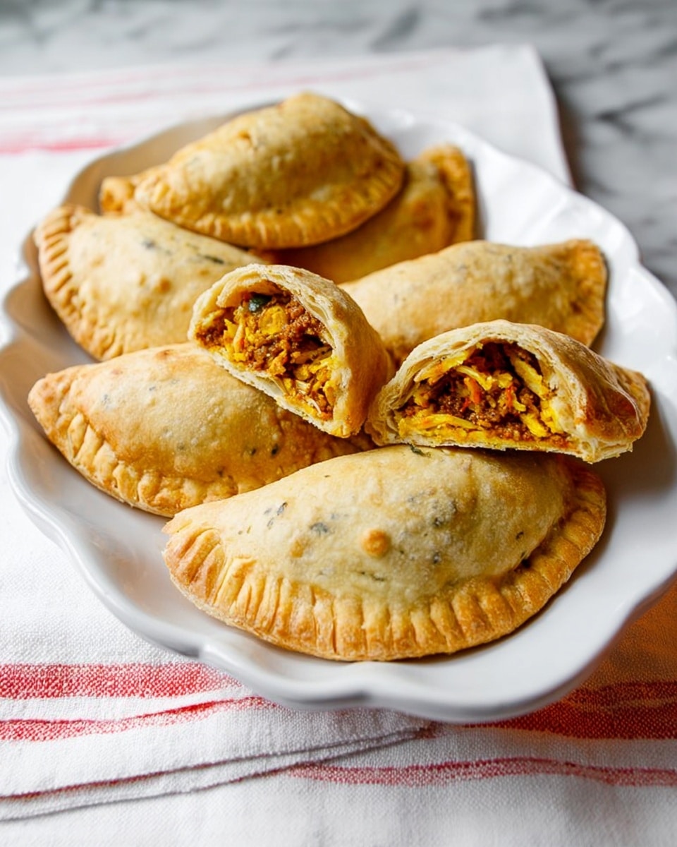 A white scalloped-edge plate holds seven golden brown empanadas arranged in two rows, some whole and some cut open to show their filling. The empanada crust looks soft and slightly flaky with subtle fork marks sealing the edges. Inside, layers of yellow and brown filling made of finely shredded and spiced ingredients are visible, including bits of what looks like vegetables or herbs. The plate rests on a white cloth with thin red stripes, set on a white marbled surface. photo taken with an iphone --ar 4:5 --v 7