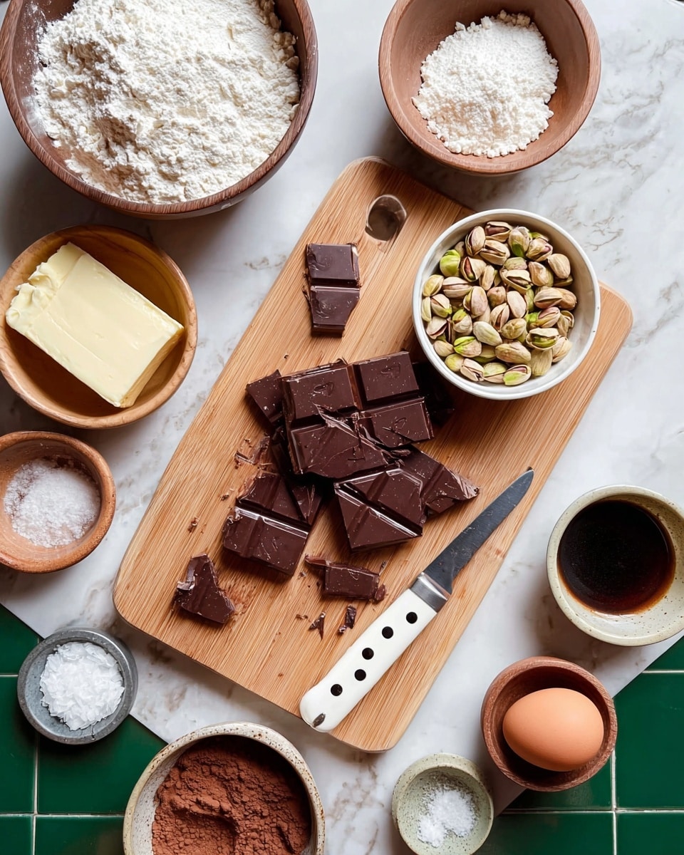 A light wooden cutting board is placed on a white marbled surface, holding a partially broken dark brown chocolate bar in the center, with some chocolate pieces scattered around it. To the right on the board, a small light brown bowl filled with light beige pistachios sits near a white-handled small knife with black dots. Surrounding the board, there are several bowls and containers: at the bottom left, a light brown bowl with a block of pale yellow butter; above it, another light brown bowl filled with white flour; near the top center, a white bowl filled with dark brown sugar; a small green bowl holding white baking soda or salt; a small dark container with a dark liquid; and a light brown bowl holding a single brown egg near the bottom right, next to a tiny light brown bowl with coarse white salt. The tiles under the board are dark green and glossy but have been replaced by a white marbled surface. The whole setup is bright and clean. Photo taken with an iphone --ar 4:5 --v 7