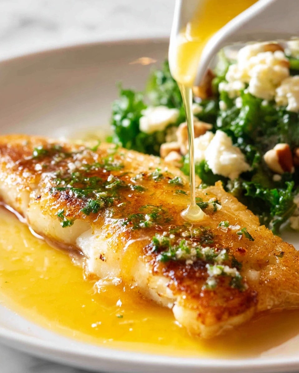 A close-up view shows a golden-brown, cooked fish fillet on a white plate, covered with small green herb pieces, with its texture crispy on the outside and tender inside. On one side of the fillet, a yellow sauce is being poured in a smooth stream from a white container, adding gloss and moisture to the fish. Next to the fish, there is a green leafy salad mixed with white crumbly cheese and small nut pieces, adding color contrast. The dish rests on a white marbled surface. photo taken with an iphone --ar 4:5 --v 7