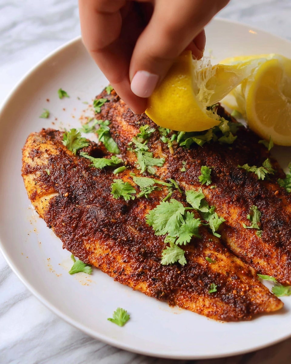 The image shows several pieces of cooked fish fillets on a white plate, each with a crispy, dark reddish-brown spicy layer on top, sprinkled with small green parsley leaves. One fillet is broken open, revealing the moist, flaky white inside. A silver fork holds a piece of the fish close to the center, emphasizing the soft texture inside and the seasoned, textured crust outside. In the background, lime wedges add a light green color that contrasts with the dark fish coating. The plate sits on a white marbled surface. Photo taken with an iphone --ar 4:5 --v 7