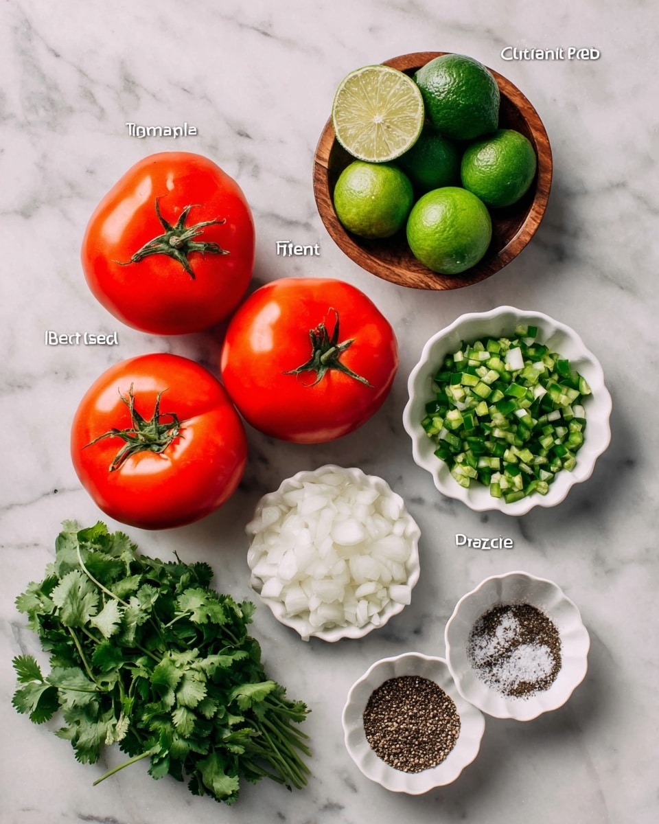 The image shows several fresh ingredients placed on a white marbled surface. In the center, there are three bright red tomatoes with green stems on top. To the top right, a small white basket holds several shiny green limes. Below the limes, there is a small white bowl filled with chopped white onions. On the left side near the top, a small white bowl contains finely chopped green jalapeno peppers. At the bottom left, a bunch of fresh green cilantro leaves lies spread out. Near the bottom right, two small white scalloped bowls hold granular salt and ground black pepper. The colors are vibrant and natural, arranged neatly with clear spacing photo taken with an iphone --ar 4:5 --v 7