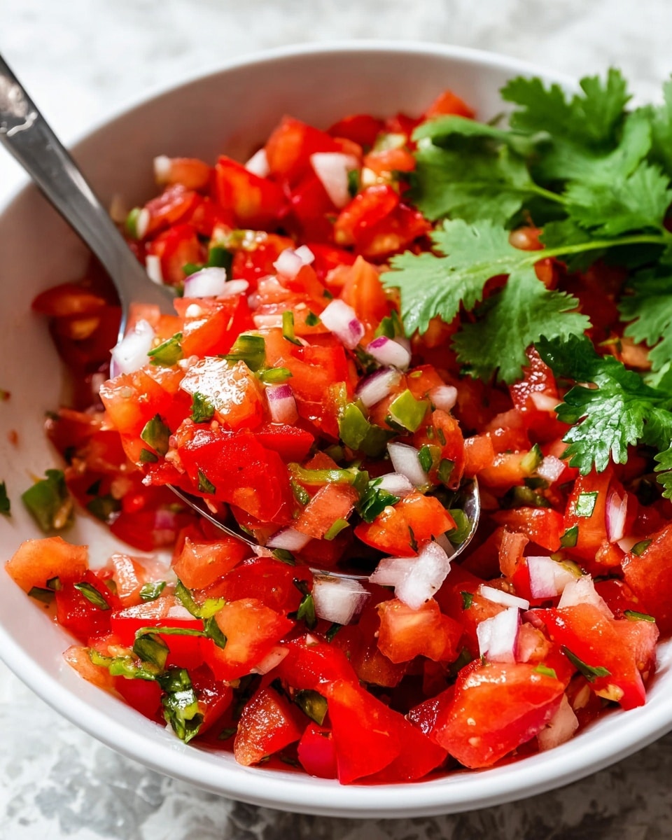 The image shows a close-up of a bowl filled with fresh tomato salsa. The salsa has three main layers: a base of bright red tomato chunks, small pieces of white onion scattered evenly, and finely chopped green herbs mixed throughout. Whole green cilantro leaves top the salsa, adding a fresh, leafy texture. A metal spoon rests inside the white bowl, blending slightly into the mix. The background surface is a white marbled texture, making the vivid colors of the salsa stand out. photo taken with an iphone --ar 4:5 --v 7