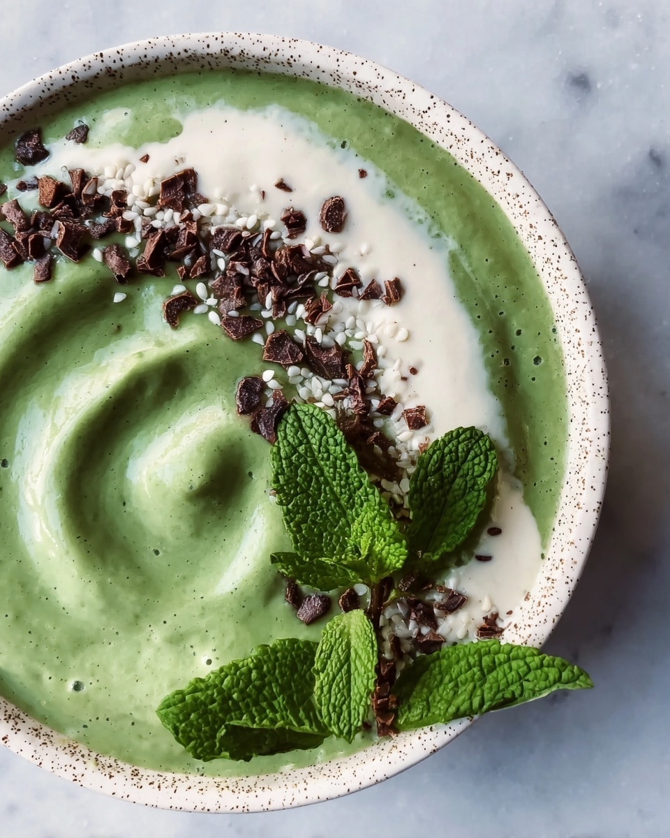 A white bowl holds a thick, smooth green smoothie spread in a swirl pattern with a creamy white layer drizzled partly over one side. Small brown cacao nibs and white sesame seeds are sprinkled on top, mainly over the white drizzle. Fresh green mint leaves are placed among the toppings, adding bright color and texture. The bowl rests on a white marbled surface. photo taken with an iphone --ar 4:5 --v 7
