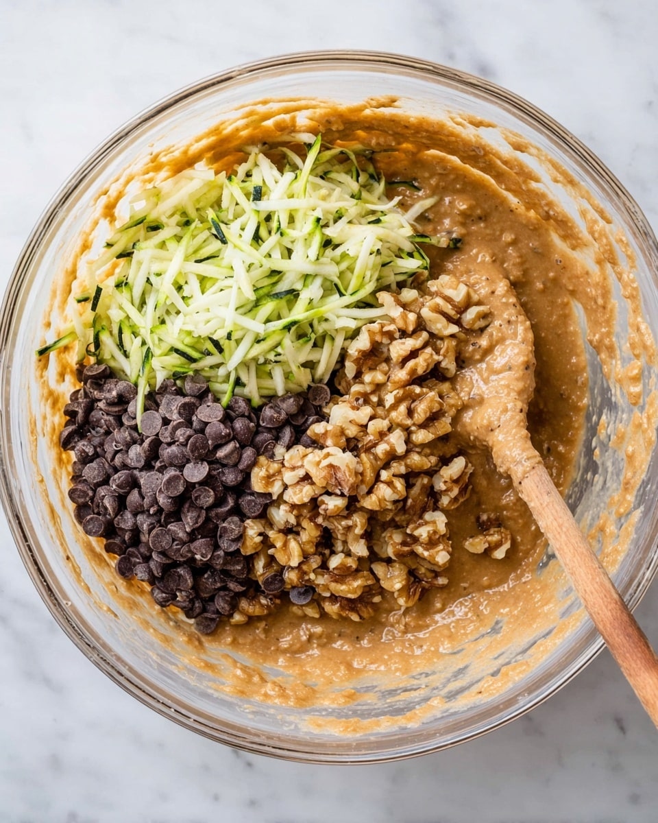 A clear glass bowl sits on a white marbled surface, filled with thick light brown batter mixed with oats, occupying the bottom right and center areas. On top of the batter, there are three distinct piles: shredded pale green zucchini at the top, chopped light brown walnuts on the left, and dark brown small chocolate chips below the walnuts on the bottom left. A wooden spoon rests on the right side, partially submerged in the batter. The overall colors include the light brown batter, green zucchini, dark brown chocolate chips, and light beige walnuts, showing a mix of textures from smooth batter to chunky nuts and soft shredded vegetables. Photo taken with an iphone --ar 4:5 --v 7
