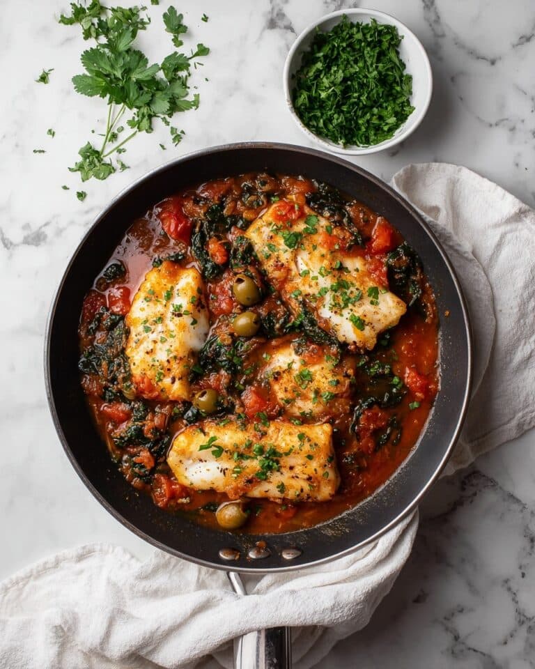 Baked Mediterranean Fish with Tomatoes, Spinach, and Olives Recipe