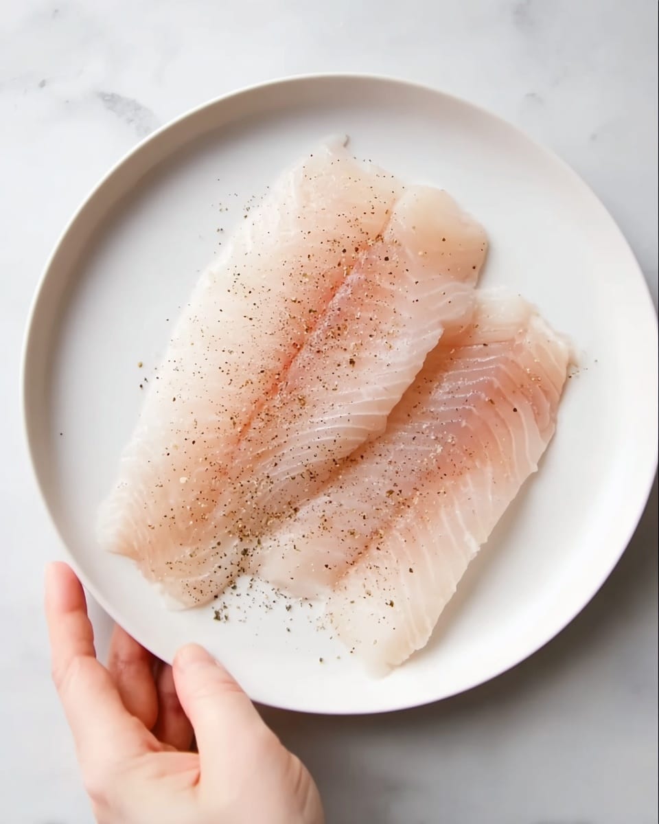 Two thin, pale pink raw fish fillets rest on a plain white round plate. The fish is sprinkled lightly with small black pepper specks scattered mostly on the top fillet. A woman's hand is holding the plate at the bottom right edge. The background is a white marbled surface. photo taken with an iphone --ar 4:5 --v 7