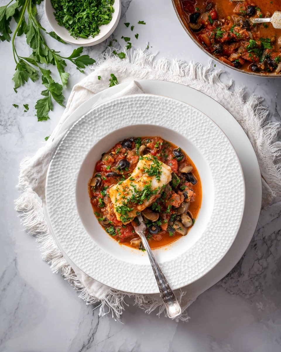 The image shows a white decorative bowl placed on a larger white decorative plate, layered on top of a white fringed cloth over a white marbled surface. Inside the bowl, there is a cooked dish with two main layers: the bottom layer is a mix of chunky red tomato sauce with black olives, green herbs, and small pieces of vegetables, while the top layer features two golden-brown cooked pieces of fish garnished with chopped fresh green herbs. A silver fork stands upright in the bowl with its handle resting on the rim. To the left, there is a small white bowl with more chopped green herbs scattered around it, and in the upper left corner, a black skillet containing the same tomato-based sauce with olives and herbs rests on a gray cloth. Photo taken with an iphone --ar 4:5 --v 7