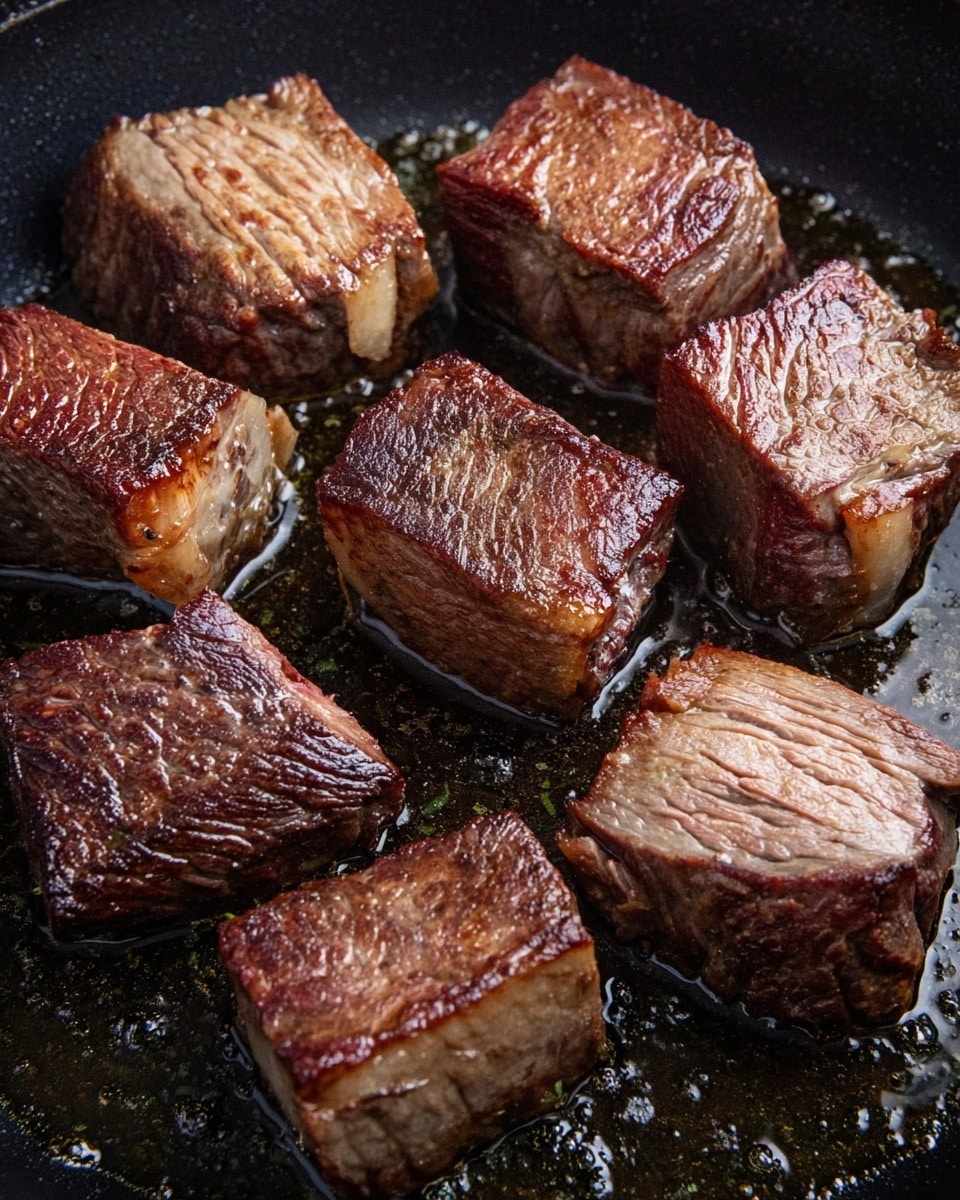The image shows seven pieces of beef cooking in a black pan with oil sizzling around them. Each piece is thick and rectangular with a rough, browned surface texture, showing a mix of dark brown and lighter beige colors from the cooked meat. The pieces are arranged randomly in the pan, with some sides having a slightly crusty, seared look while others show a raw pinkish tone near the edges. The pan surface is shiny with oil, and the overall look is rich and hearty. photo taken with an iphone --ar 4:5 --v 7