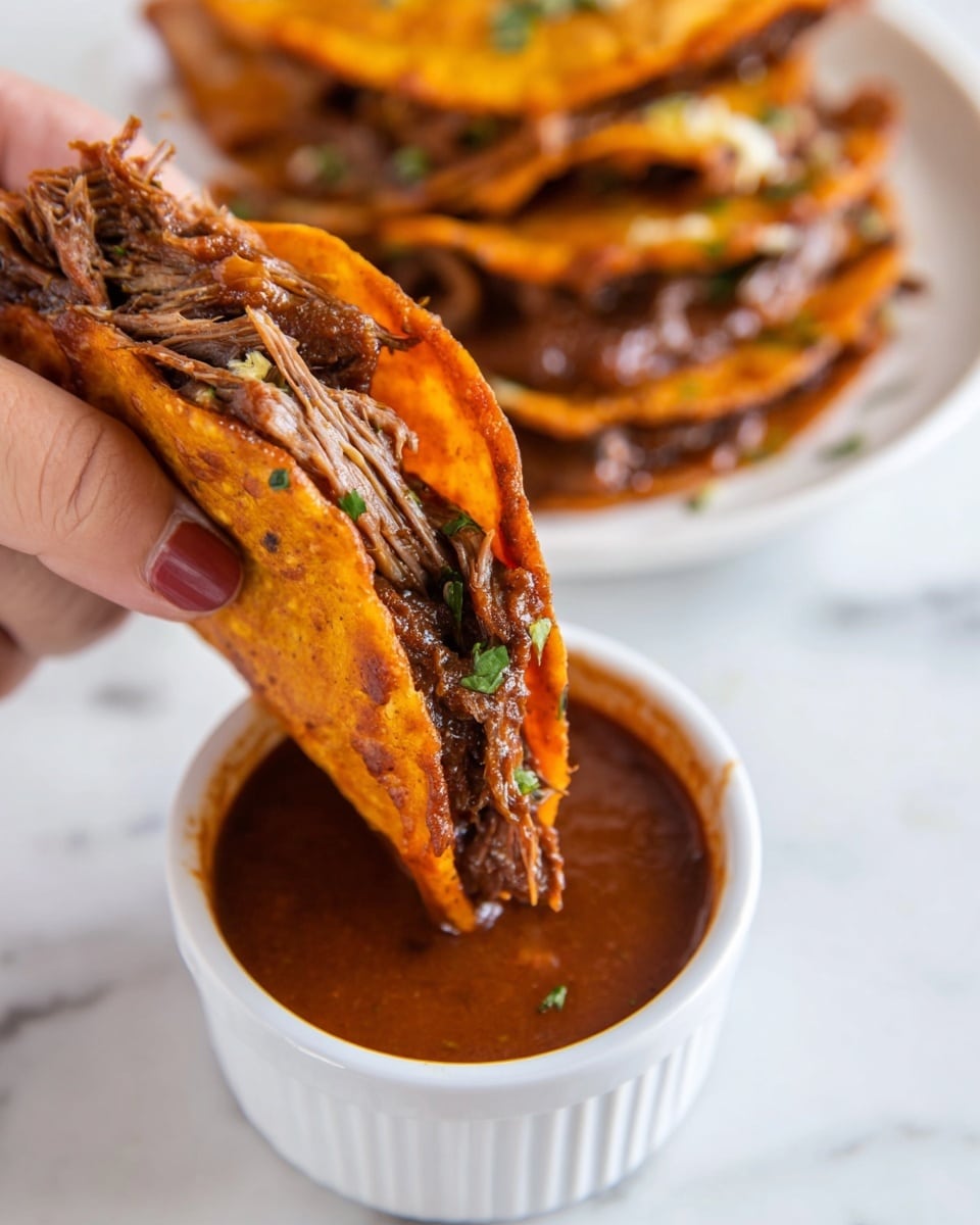 A woman's hand holds a folded taco filled with shredded dark brown meat and small bits of green herbs, the taco shell is a deep orange-red color with a slightly crispy texture. Below the taco is a white ramekin filled with rich, thick reddish-brown sauce. Behind, there is a white plate with several more of the same folded tacos stacked, showing layers of the orange-red shell and dark meat. The whole scene is set on a white marbled surface. photo taken with an iphone --ar 4:5 --v 7