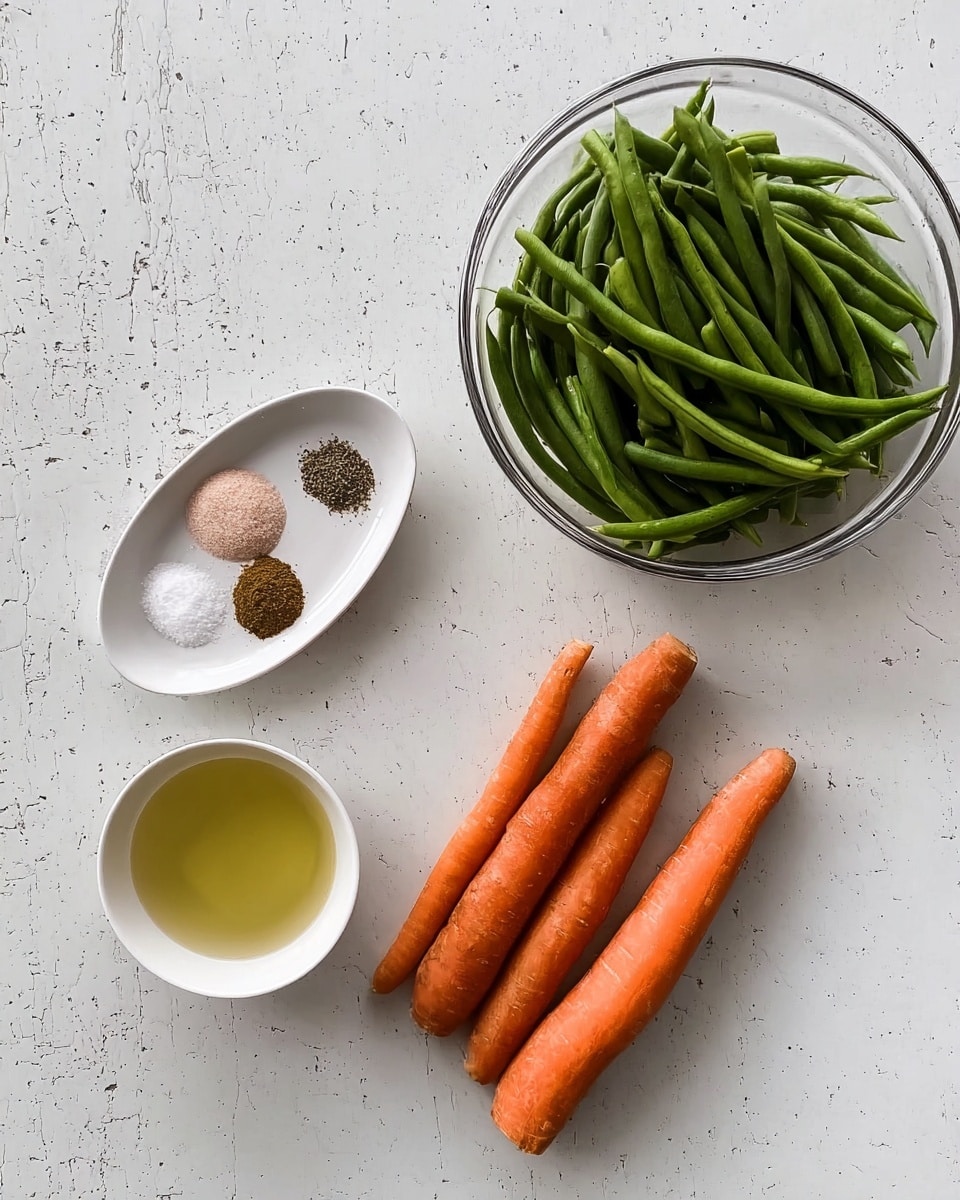 The image shows fresh ingredients arranged on a white marbled surface. At the top right, there is a clear glass bowl filled with bright green trimmed green beans. Below the bowl, three whole orange carrots with slightly rough textures lie side by side. To the left side of the image, a small white oval dish holds four different spices neatly placed in rows: pink salt, black pepper, and two brown powders. Below the spice dish, there is a small white round bowl containing a light yellow liquid. The overall setup is simple and clean. Photo taken with an iphone --ar 4:5 --v 7
