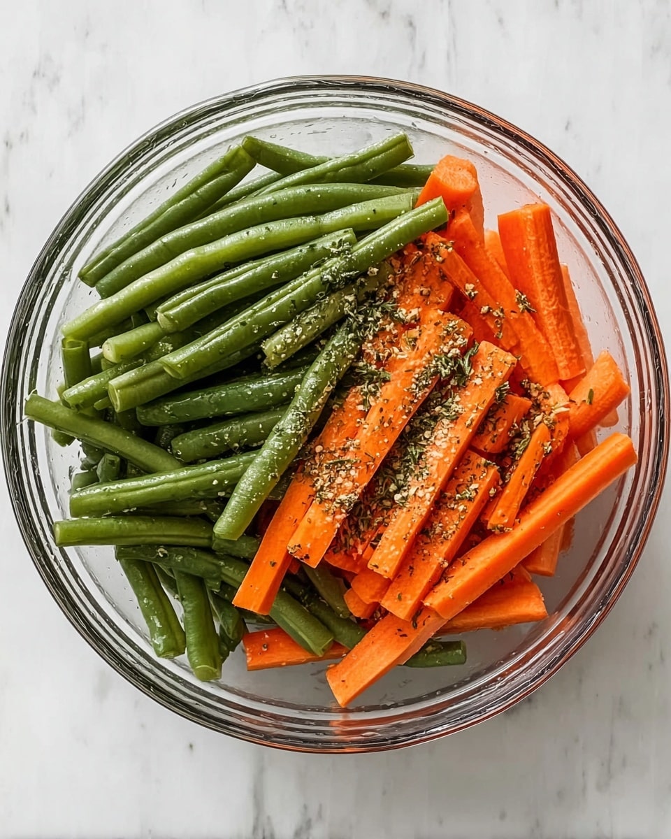A clear glass bowl holds two main layers of fresh vegetables, arranged side by side. On the left, there is a bright green layer of whole green beans with a smooth, firm texture. To the right, there is a vibrant orange layer of carrot sticks, cut into long, even strips. Both vegetable layers are sprinkled with small particles of seasoning that appear to be black pepper and some crushed herbs, adding a speckled texture on top. The bowl is set on a white marbled surface that contrasts with the vivid colors of the vegetables. photo taken with an iphone --ar 4:5 --v 7