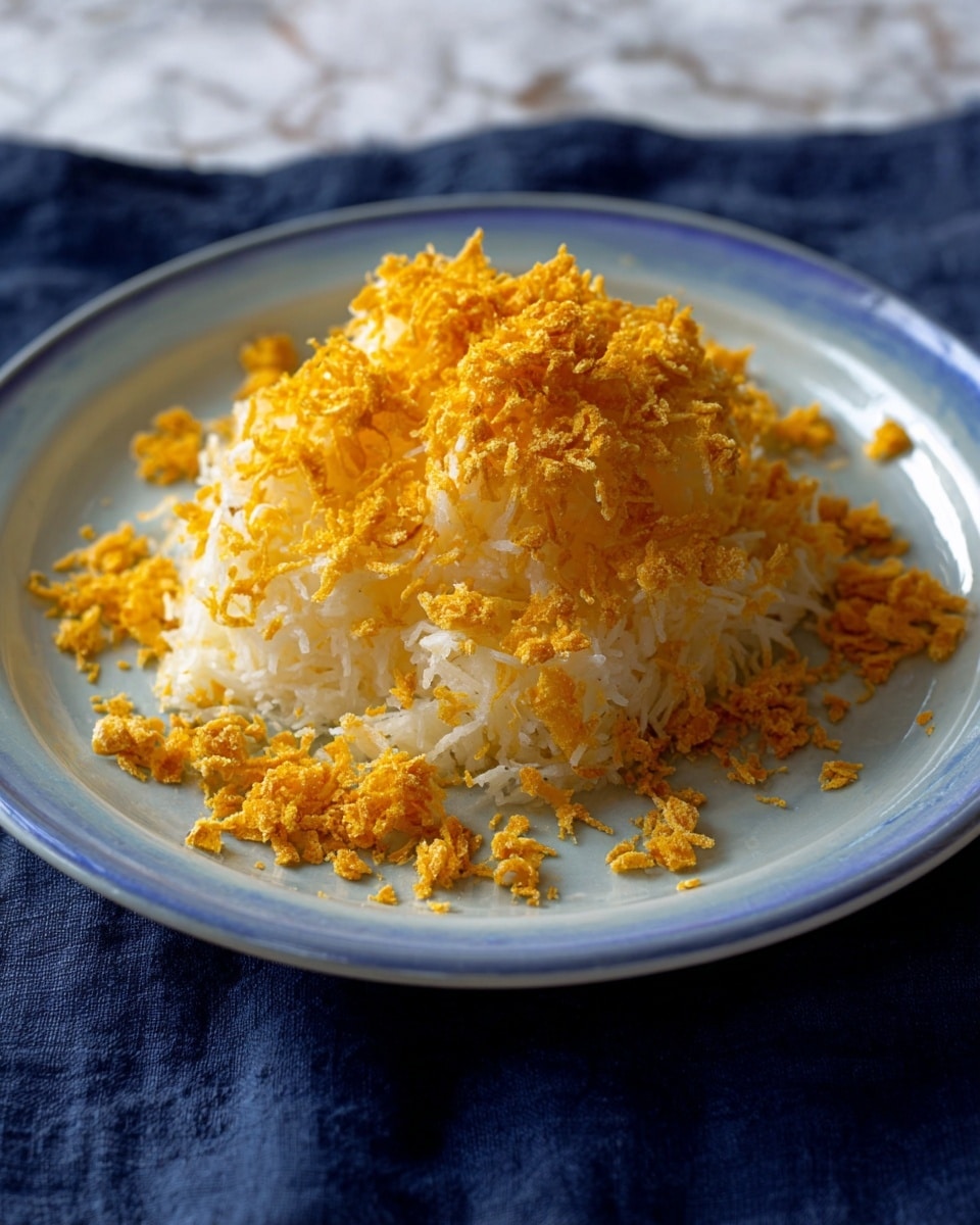 A close-up photo shows a mound of white, shredded food that looks soft and moist, placed in the center of a white plate with a blue tint. The shredded layer is topped with a generous sprinkle of bright golden-yellow crunchy flakes, some covering the food while others scatter loosely around the base. The plate rests on a dark, textured fabric, while the background is a white marbled surface. The overall image focuses on the contrast between the white shredded food and the crunchy yellow flakes on top photo taken with an iphone --ar 4:5 --v 7
