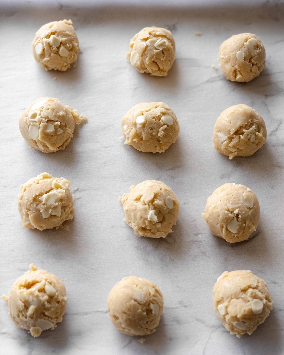 Fourteen small round balls of pale tan cookie dough with visible white chunks are placed in three uneven rows on a white parchment paper. The dough balls have a rough texture with some small crumbs sticking out and look soft and slightly crumbly. The background is a white marbled texture visible in the edges of the image behind the parchment paper. photo taken with an iphone --ar 4:5 --v 7