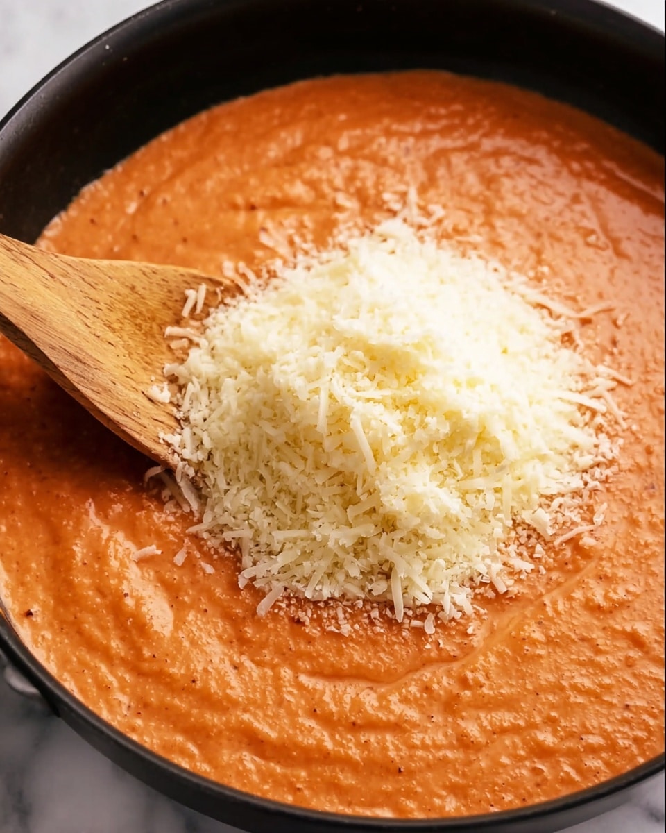 A close-up of a pan filled with smooth, creamy orange tomato sauce, which has a thick, slightly textured surface. On top in the center, there is a large pile of finely grated pale yellow cheese, looking soft and fluffy. A wooden spoon is partially inserted into the sauce, under the cheese pile, with its light brown handle visible on the left side. The pan edges are black, and the background is a white marbled surface. photo taken with an iphone --ar 4:5 --v 7