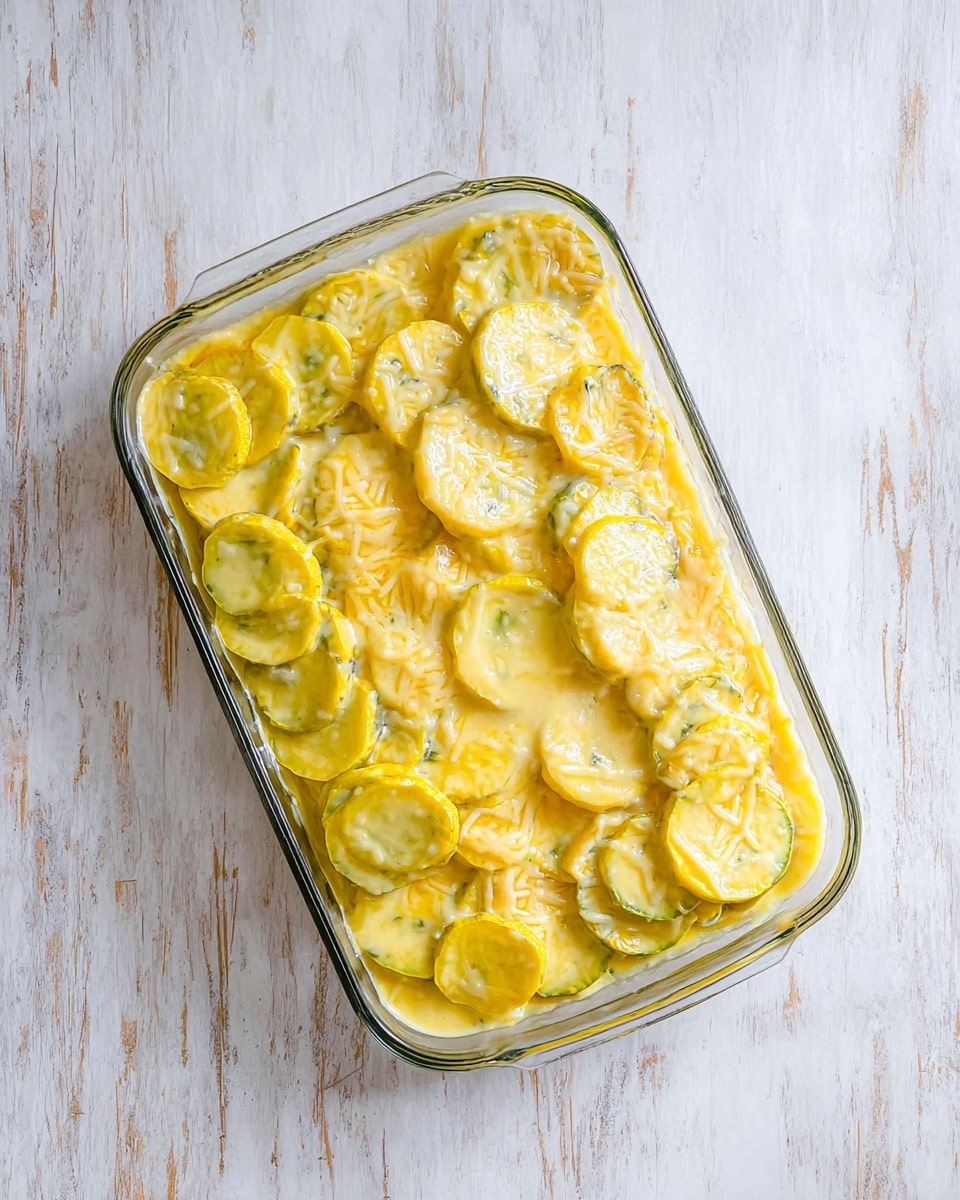 The image shows a clear glass rectangular dish filled with creamy yellow squash slices mixed with melted shredded cheese. The sliced squash layers are soft with some greenish seeds visible inside them, evenly coated by a rich, smooth cheese sauce that has a light glossy texture. The dish is placed on a white marbled surface with subtle brown streaks. photo taken with an iphone --ar 4:5 --v 7