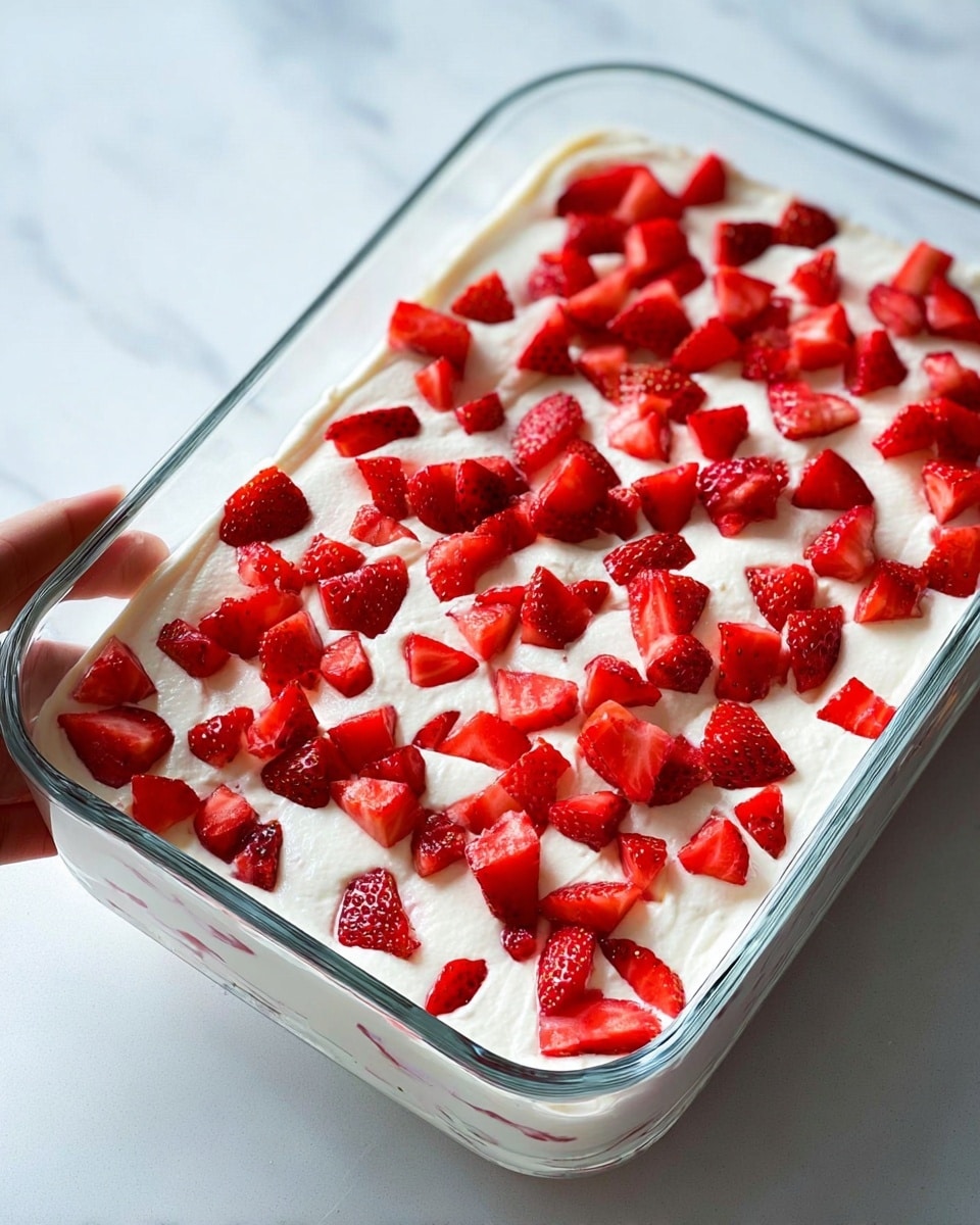 A clear glass rectangular dish filled with two visible layers: the bottom layer is smooth and creamy white, topped with a thick, evenly spread white cream layer. On top, there is a scattered arrangement of small, bright red strawberry pieces, varying in size, creating a colorful and fresh look. The dish is placed on a white marbled surface, and a woman's hand is lightly touching the corner of the dish. photo taken with an iphone --ar 4:5 --v 7