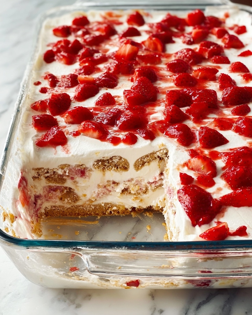 A rectangular glass dish filled with a layered dessert. The top layer is covered with white creamy frosting dotted with many small bright red strawberry pieces spread evenly. Below the frosting, there are at least three visible layers: a creamy white filling mixed with bits of strawberries, sandwiched between soft-looking light brown biscuit or cookie layers. One corner of the dessert is missing, showing the layered inside texture clearly, with some creamy residue and crumbs left in the empty space of the dish. The dessert sits on a white marbled surface. Photo taken with an iphone --ar 4:5 --v 7