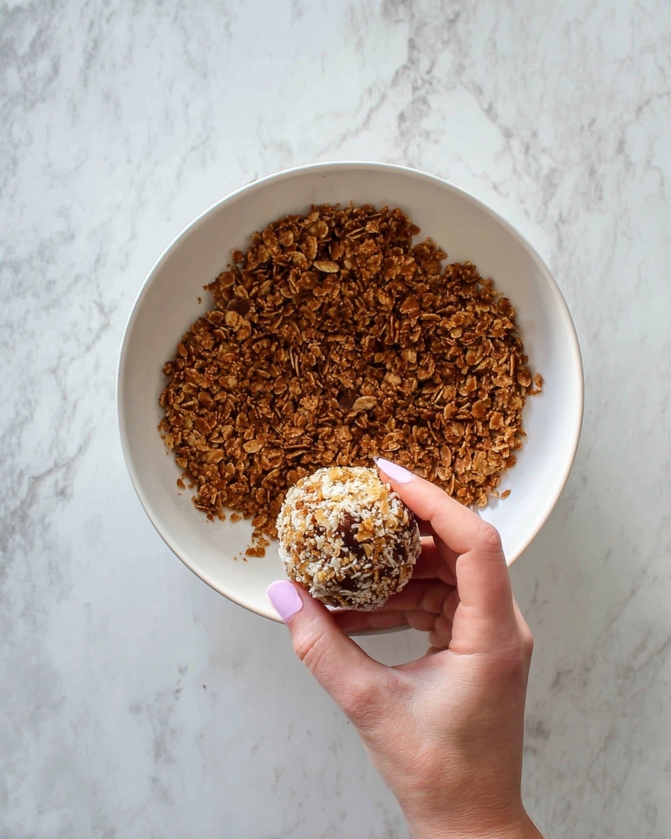 A white bowl is shown from above, filled with a spreading layer of brown crunchy flakes. In the middle, there is a round ball covered with a mix of white and brown crunchy textures. A woman's hand with light skin and pink nails is gently holding the ball from the side. The bowl is placed on a white marbled surface. photo taken with an iphone --ar 4:5 --v 7